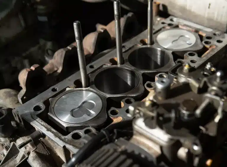 Close-up of a car engine block with four cylinders, two of which contain pistons at different heights. Sunlight highlights the metal surfaces and mechanical components.