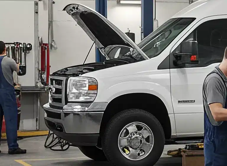 A white van with its hood open is being serviced inside an auto repair shop. Two mechanics in blue uniforms are working nearby, one on the left by a wall and the other on the right handling a tool.