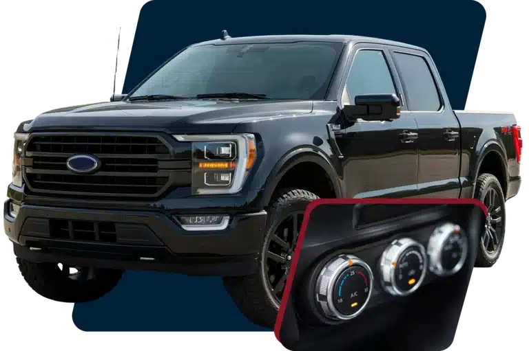 A black Ford pickup truck is shown at an angle, with a close-up inset of its dashboard air conditioning and climate control knobs in the lower right corner.