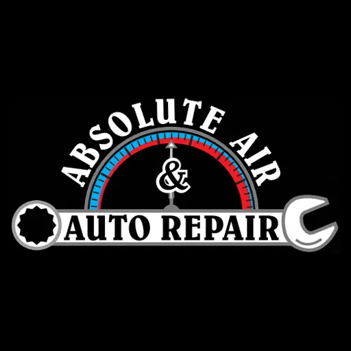 Logo for Absolute Air & Auto Repair featuring a gauge with red and blue arcs above the text, and a wrench and gear integrated into the design, all on a black background.
