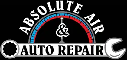 Logo for Absolute Air & Auto Repair featuring a gauge with blue and red lines above the text, and a wrench and gear forming part of the wording on a black background.