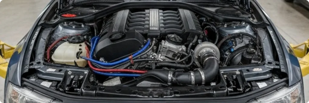 European auto repair in Springfield, OR, at Absolute Air & Auto Repair. Close-up view of a car engine bay featuring visible wiring, hoses, a turbocharger, and various engine components inside a dark-colored vehicle.